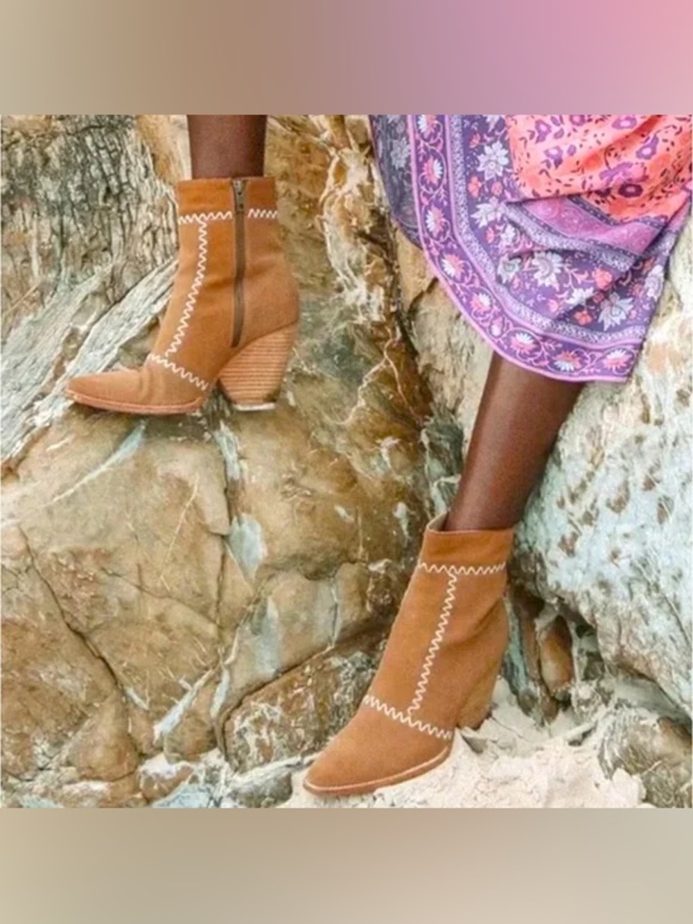Spell zephyr 41/10 9.5 Tan Suede Western-Inspired Ankle Boots with Zigzag Stitch